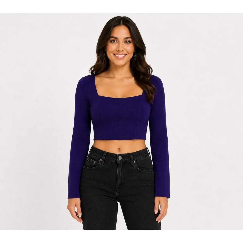 ZARA Crop Square Neck Top Womens‎ S Dark Purple Pullover Knit Academia